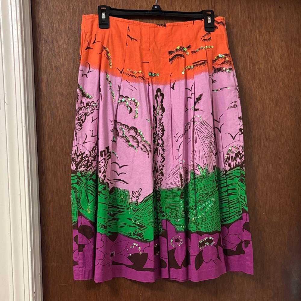 Bisou Bisou Colorblock Floral A-Line Midi Skirt in Orange, Pink, Green & Purple